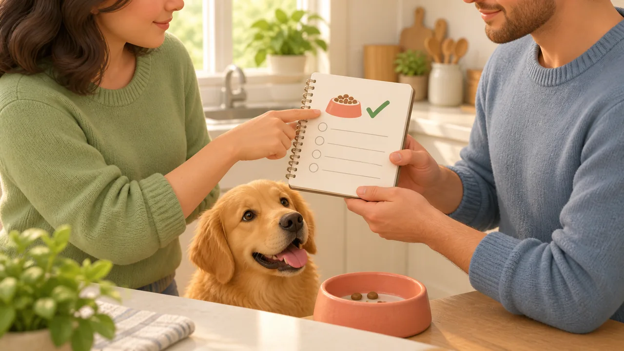 Two caregivers check a feeding notebook together, with a dog and a food bowl beside them.