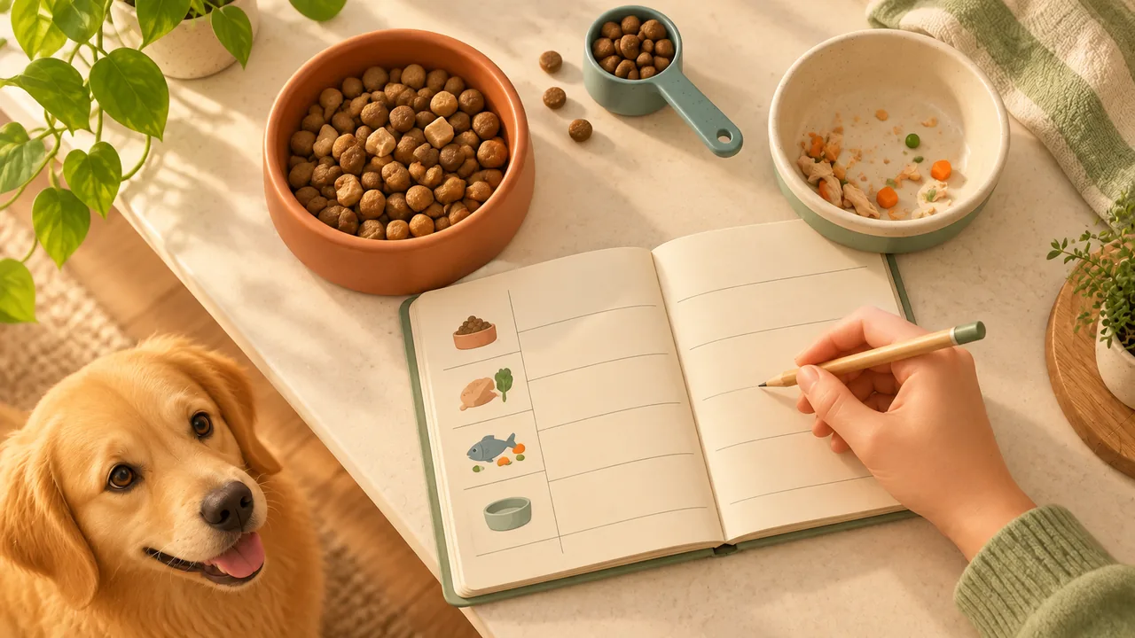 An owner notes a meal beside food bowls and a measuring scoop, with a golden retriever looking up.