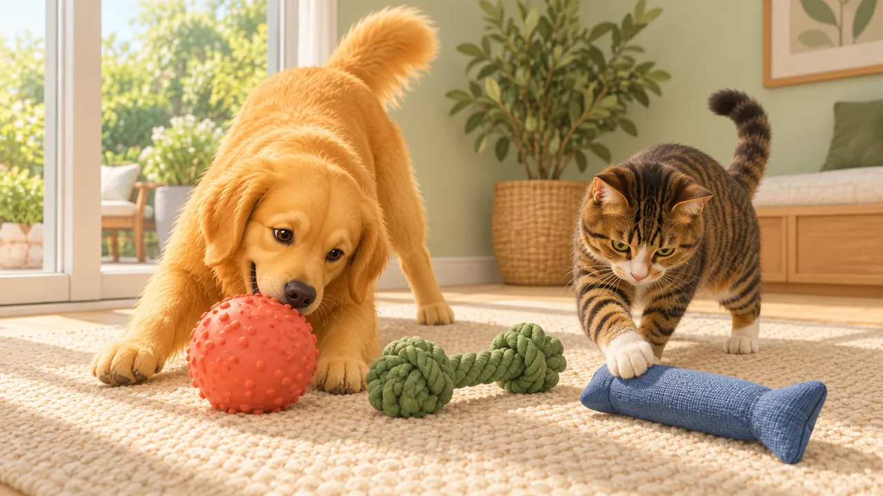 A dog nudges a coral ball while a cat chooses a blue fabric toy, leaving a green rope toy between them.
