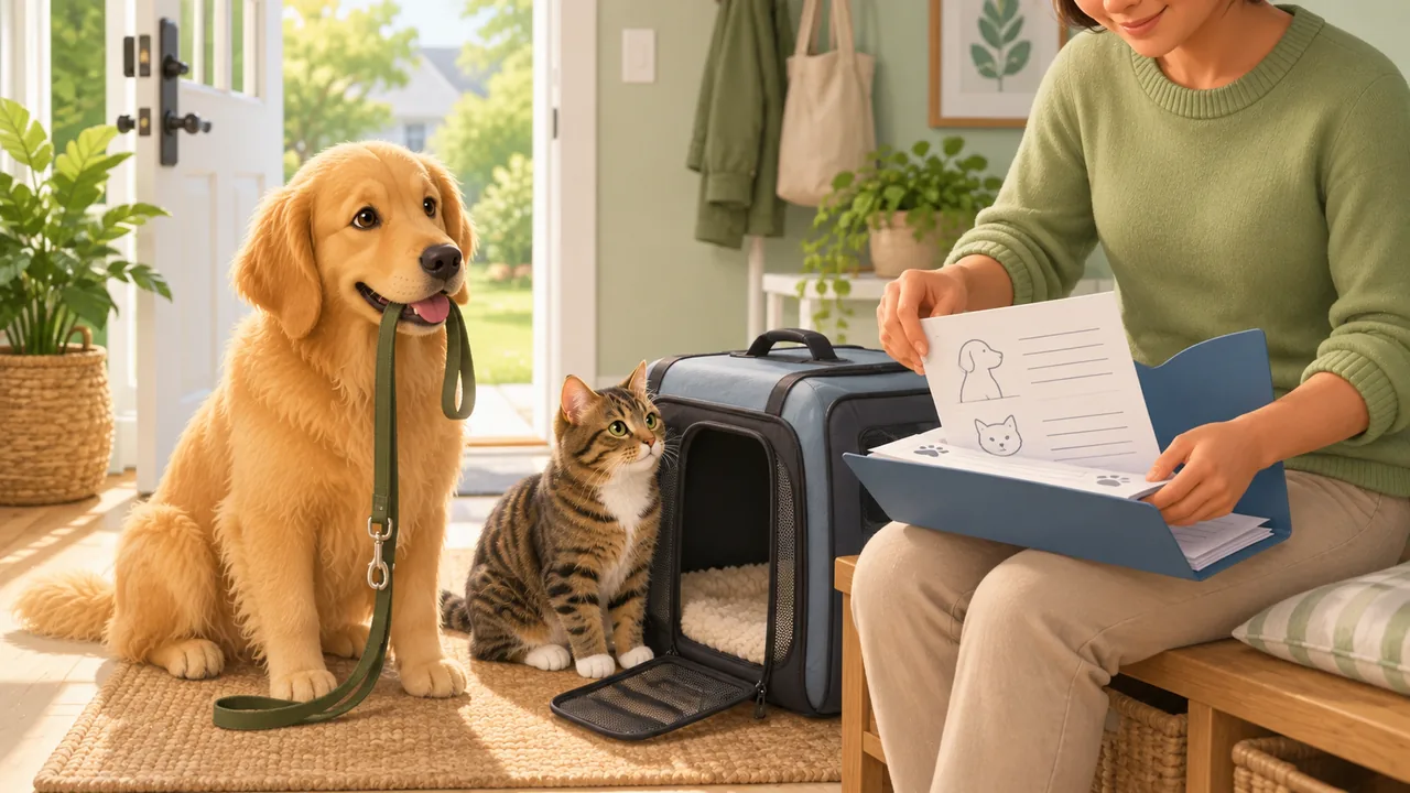An owner organizes care notes in a blue folder beside a pet carrier, a dog and a cat near the doorway.